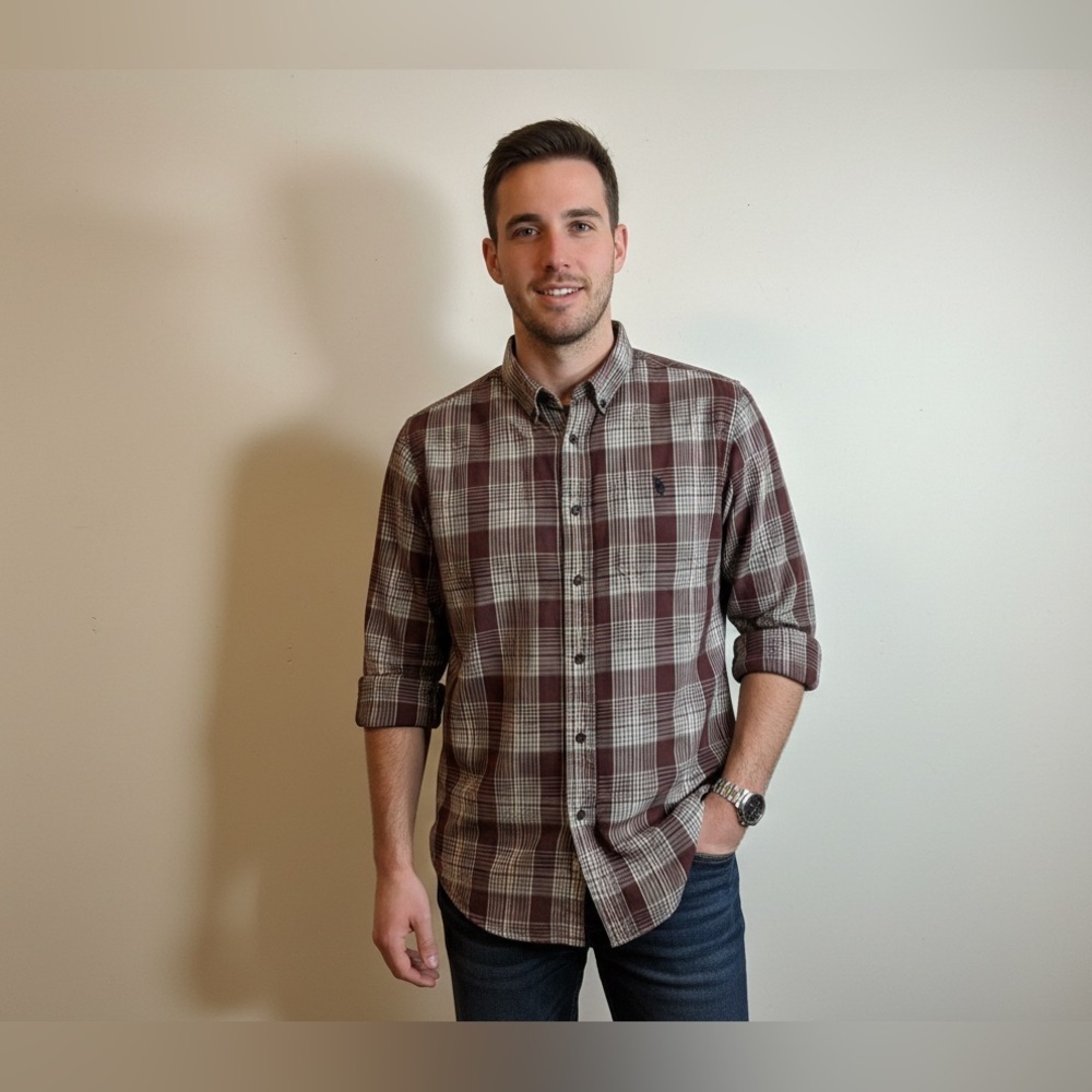 U.S. Polo Assn. Men's Checkered Shirt in Brown and Cream- Slim Fit